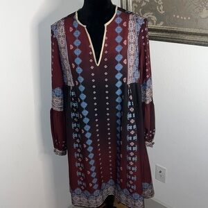 Clover Canyon Boho print Ombré midi peasant dress‎ Sz S Burgundy blue tan